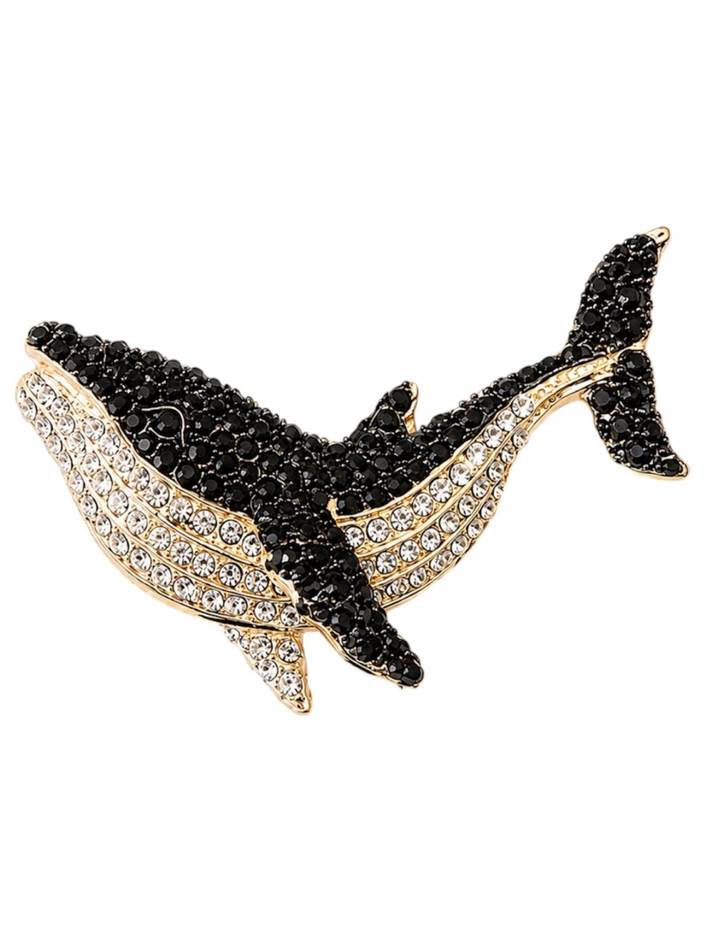 Black & Gold Tone Whale Brooch Rhinestone Crystal Ocean Animal Pin